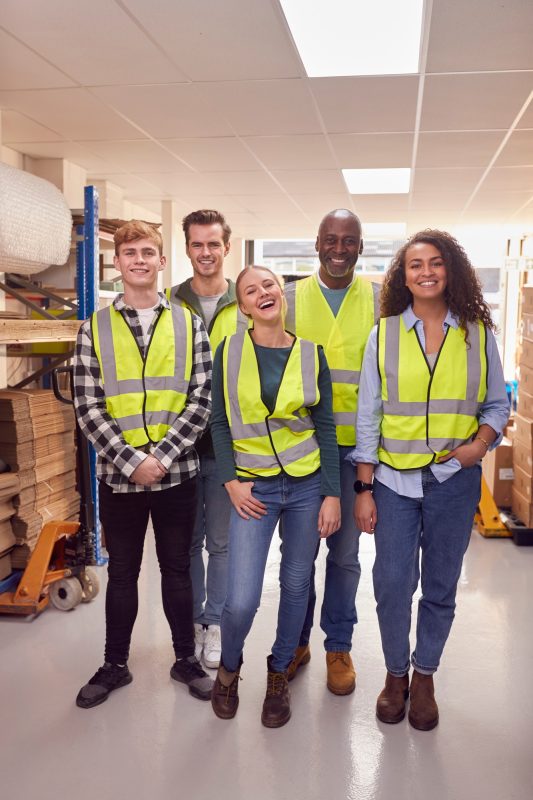 Portrait Of Multi-Cultural Team Wearing Hi-Vis Safety Clothing Working In Modern Warehouse