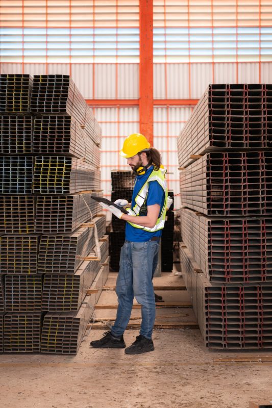 Warehouse workers in hard hats and helmets stand in the warehouse